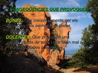 CONSEQÜÈNCIES QUE PROVOQUEN
BONES: Que creixin aliments per els
humans i els animals per poder
sobreviure.
DOLENTES: Que provoquin una
esllavissada de terra i que facin mal a
zones poblades o agrícoles

 