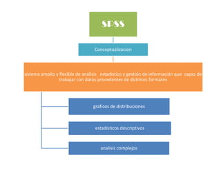 SPSS
Conceptualizacion

sistema amplio y flexible de análisis estadístico y gestión de información que capaz de
trabajar con datos procedentes de distintos formatos

graficos de distribuciones

estadisticos descriptivos

analisis complejos

 