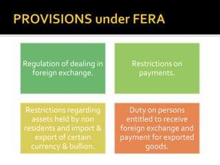 Regulation of dealing in
foreign exchange.

Restrictions on
payments.

Restrictions regarding
assets held by non
residents and import &
export of certain
currency & bullion.

Duty on persons
entitled to receive
foreign exchange and
payment for exported
goods.

 