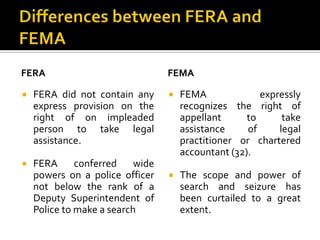FERA


FERA did not contain any
express provision on the
right of on impleaded
person to take legal
assistance.



FERA
conferred
wide
powers on a police officer
not below the rank of a
Deputy Superintendent of
Police to make a search

FEMA


FEMA
expressly
recognizes the right of
appellant
to
take
assistance
of
legal
practitioner or chartered
accountant (32).



The scope and power of
search and seizure has
been curtailed to a great
extent.

 