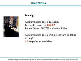 OLANZAPINA

Maneig:

Ajustament de dosi si cessació.
Factor de correcció: 0.6-0.7
Reduir fins un 60-70% la dosi en 4 dies
Ajustament de dosi si inici de consum de tabac
>1paq/d
1.5 vegades en en 4 dies

Guia d’Intervenció Clínica en el consum de tabac en pacients amb trastorn mental / Haslemo i cols, 2006 / Lowe i Ackman, 2010

 