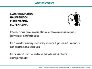 ANTIPSICÒTICS
CLORPROMAZINA
HALOPERIDOL
PERFENAZINA
FLUFENAZINA
Interaccions farmacocinètiques i farmacodinàmiques
(centrals i perifèriques).
En fumadors menys sedació, menor hipotensió i menors
concentracions sèriques
En cessació risc de sedació, hipotensió i clínica
extrapiramidal
Guia d’Intervenció Clínica en el consum de tabac en pacients amb trastorn mental

 