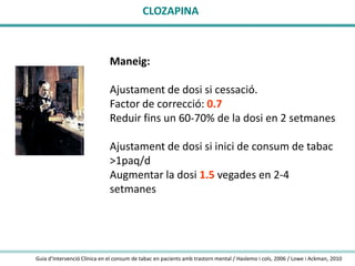 CLOZAPINA

Maneig:
Ajustament de dosi si cessació.
Factor de correcció: 0.7
Reduir fins un 60-70% de la dosi en 2 setmanes
Ajustament de dosi si inici de consum de tabac
>1paq/d
Augmentar la dosi 1.5 vegades en 2-4
setmanes

Guia d’Intervenció Clínica en el consum de tabac en pacients amb trastorn mental / Haslemo i cols, 2006 / Lowe i Ackman, 2010

 
