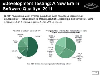 «Development Testing: A New Era In
Software Quality», 2011
В 2011 году компанией Forrester Consulting было проведено независимое
исследование «Тестирование на стадии разработки: новая эра в качестве ПО». Было
опрошено 250+ IT-менеджеров из более 200 компаний.

36

 