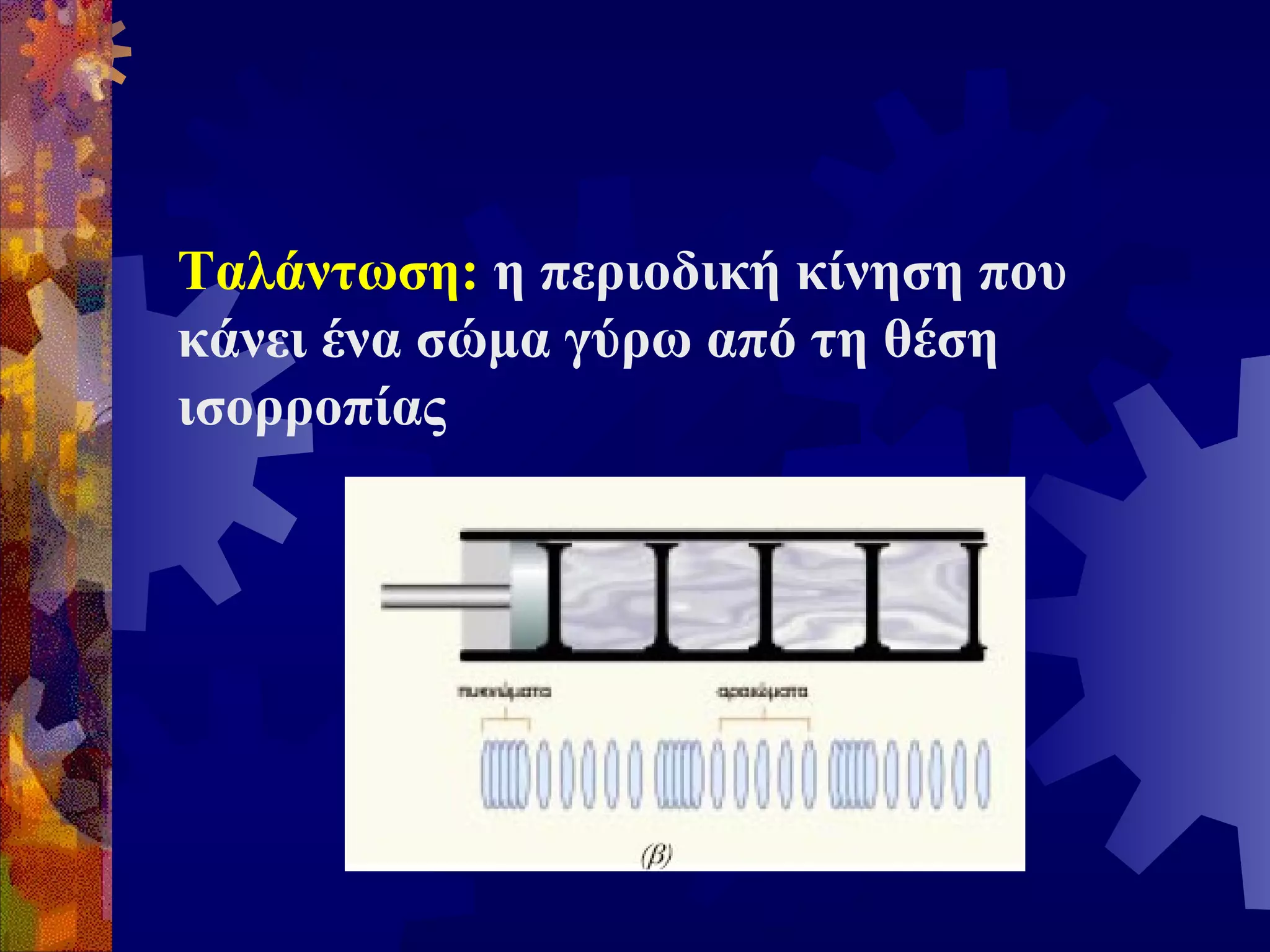 Ταλάντωση: η περιοδική κίνηση που
κάνει ένα σώμα γύρω από τη θέση
ισορροπίας

 