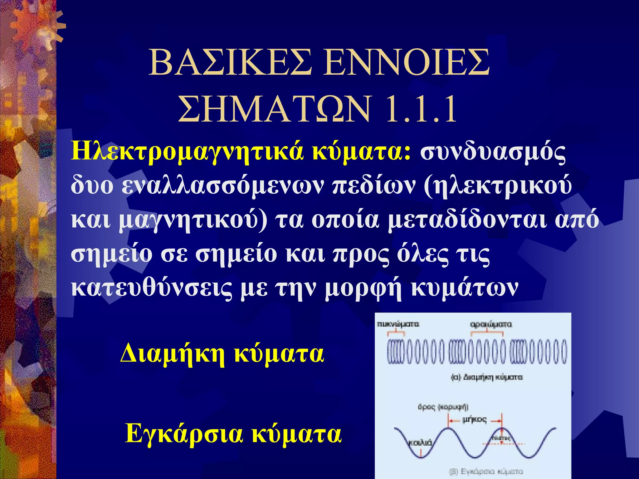 ΒΑΣΙΚΕΣ ΕΝΝΟΙΕΣ
ΣΗΜΑΤΩΝ 1.1.1
Ηλεκτρομαγνητικά κύματα: συνδυασμός
δυο εναλλασσόμενων πεδίων (ηλεκτρικού
και μαγνητικού) τα οποία μεταδίδονται από
σημείο σε σημείο και προς όλες τις
κατευθύνσεις με την μορφή κυμάτων
Διαμήκη κύματα
Εγκάρσια κύματα

 