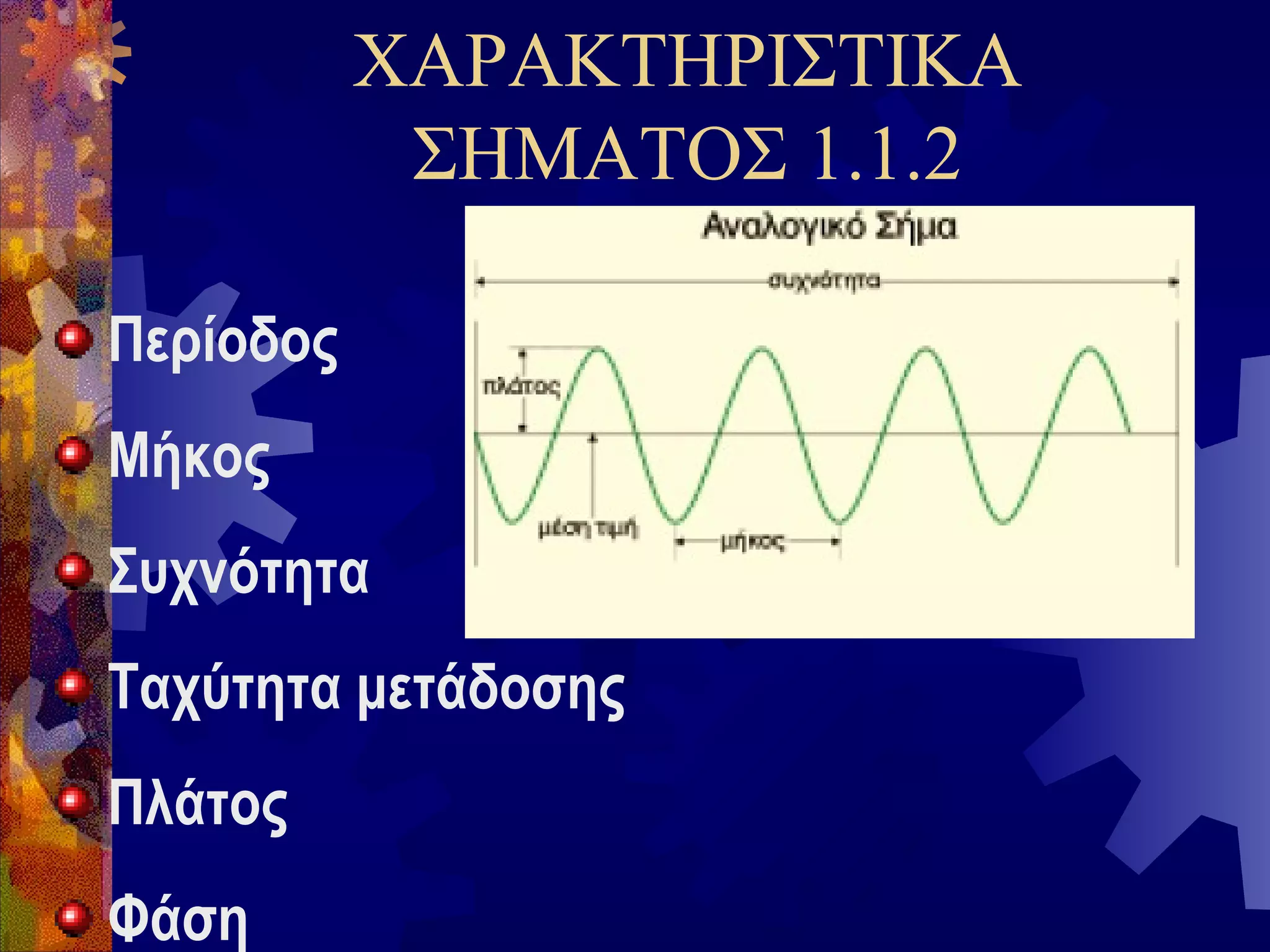 ΧΑΡΑΚΤΗΡΙΣΤΙΚΑ
ΣΗΜΑΤΟΣ 1.1.2
Περίοδος
Μήκος
Συχνότητα
Ταχύτητα μετάδοσης
Πλάτος
Φάση

 