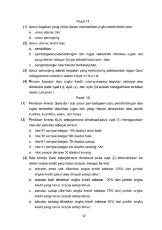 Pasal 14
(1) Unsur kegiatan yang dinilai dalam memberikan angka kredit terdiri atas:
a. unsur utama; dan
b. unsur penunjang.
(2) Unsur utama, terdiri atas:
a. pendidikan;
b. pembelajaran/pembimbingan dan tugas tambahan dan/atau tugas lain
yang relevan dengan fungsi sekolah/madrasah; dan
c. pengembangan keprofesian berkelanjutan.
(3) Unsur penunjang adalah kegiatan yang mendukung pelaksanaan tugas Guru
sebagaimana dimaksud dalam Pasal 11 huruf d.
(4) Rincian kegiatan dan angka kredit masing-masing kegiatan sebagaimana
dimaksud pada ayat (1), ayat (2), dan ayat (3) adalah sebagaimana tersebut
dalam Lampiran I.
Pasal 15
(1)

Penilaian kinerja Guru dari sub unsur pembelajaran atau pembimbingan dan
tugas tambahan dan/atau tugas lain yang relevan didasarkan atas aspek
kualitas, kuantitas, waktu, dan biaya.

(2)

Penilaian kinerja Guru sebagaimana dimaksud pada ayat (1) menggunakan
nilai dan sebutan sebagai berikut:
a. nilai 91 sampai dengan 100 disebut amat baik;
b. nilai 76 sampai dengan 90 disebut baik;
c. nilai 61 sampai dengan 75 disebut cukup;
d. nilai 51 sampai dengan 60 disebut sedang; dan
e. nilai sampai dengan 50 disebut kurang.

(3) Nilai kinerja Guru sebagaimana dimaksud pada ayat (2) dikonversikan ke
dalam angka kredit yang harus dicapai, sebagai berikut:
a. sebutan amat baik diberikan angka kredit sebesar 125% dari jumlah
angka kredit yang harus dicapai setiap tahun;
b. sebutan baik diberikan angka kredit sebesar 100% dari jumlah angka
kredit yang harus dicapai setiap tahun;
c. sebutan cukup diberikan angka kredit sebesar 75% dari jumlah angka
kredit yang harus dicapai setiap tahun;
d. sebutan sedang diberikan angka kredit sebesar 50% dari jumlah angka
kredit yang harus dicapai setiap tahun;
12

 