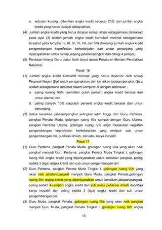 e. sebutan kurang diberikan angka kredit sebesar 25% dari jumlah angka
kredit yang harus dicapai setiap tahun.
(4) Jumlah angka kredit yang harus dicapai setiap tahun sebagaimana dimaksud
pada ayat (3) adalah jumlah angka kredit kumulatif minimal sebagaimana
tersebut pada lampiran II, III, IV, VI, VII, dan VIII dikurangi jumlah angka kredit
pengembangan keprofesian berkelanjutan dan unsur penunjang yang
dipersyaratkan untuk setiap jenjang jabatan/pangkat dan dibagi 4 (empat).
(5) Penilaian kinerja Guru diatur lebih lanjut dalam Peraturan Menteri Pendidikan
Nasional.
Pasal 16
(1) Jumlah angka kredit kumulatif minimal yang harus dipenuhi oleh setiap
Pegawai Negeri Sipil untuk pengangkatan dan kenaikan jabatan/pangkat Guru
adalah sebagaimana tersebut dalam Lampiran II dengan ketentuan :
a. paling kurang 90% (sembilan puluh persen) angka kredit berasal dari
unsur utama; dan
b. paling banyak 10% (sepuluh persen) angka kredit berasal dari unsur
penunjang.
(2) Untuk kenaikan jabatan/pangkat setingkat lebih tinggi dari Guru Pertama,
pangkat Penata Muda, golongan ruang III/a sampai dengan Guru Utama,
pangkat Pembina Utama, golongan ruang IV/e wajib melakukan kegiatan
pengembangan

keprofesian

berkelanjutan

yang

meliputi

sub

unsur

pengembangan diri, publikasi ilmiah, dan/atau karya inovatif.
Pasal 17
(1) Guru Pertama, pangkat Penata Muda, golongan ruang III/a yang akan naik
pangkat menjadi Guru Pertama, pangkat Penata Muda Tingkat I, golongan
ruang III/b angka kredit yang dipersyaratkan untuk kenaikan pangkat, paling
sedikit 3 (tiga) angka kredit dari sub unsur pengembangan diri.
(2) Guru Pertama, pangkat Penata Muda Tingkat I, golongan ruang III/b yang
akan naik jabatan/pangkat menjadi Guru Muda, pangkat Penata,golongan
ruang III/c angka kredit yang dipersyaratkan untuk kenaikan jabatan/pangkat,
paling sedikit 4 (empat) angka kredit dari sub unsur publikasi ilmiah dan/atau
karya inovatif, dan paling sedikit 3 (tiga) angka kredit dari sub unsur
pengembangan diri.
(3) Guru Muda, pangkat Penata, golongan ruang III/c yang akan naik pangkat
menjadi Guru Muda, pangkat Penata Tingkat I, golongan ruang III/d angka
13

 