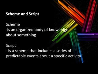 Scheme and Script
Scheme
-is an organized body of knowledge
about something

Script
- is a schema that includes a series of
predictable events about a specific activity

 