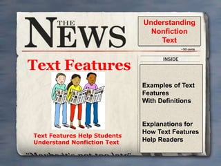 Understanding
Nonfiction
Text

Text Features
Examples of Text
Features
With Definitions

Text Features Help Students
Understand Nonfiction Text

Explanations for
How Text Features
Help Readers

 