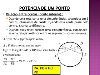 

Relação entre cordas (ponto interno) :
 Quando

uma reta corta uma circunferência, tocando-a em 2
pontos, chamamos de corda. Quando essa corda passa pelo
centro, chama-se diâmetro.
 Quando duas retas cortam uma circunferência, estabelecese uma relação métrica entre os segmentos, como veremos:
^

^

A P C ≅ D P B (opostos pelo vertice)
^

A

^

A ≅ D (inscritos no mesmo arco)
logo os triangulos APC e DPB sao semelhantes
e vale a relacao:
PA PC
=
⇒ PA.PB = PC.PD
PD PB

PA. PB = PC.
PD

C

P

D
B

 