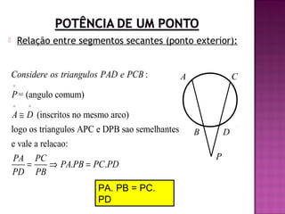 Relação entre segmentos secantes (ponto exterior):



Considere os triangulos PAD e PCB :

A

C

^

P = (angulo comum)
^

^

A ≅ D (inscritos no mesmo arco)
logo os triangulos APC e DPB sao semelhantes
e vale a relacao:
PA PC
=
⇒ PA.PB = PC.PD
PD PB
PA. PB = PC.
PD

B

D
P

 
