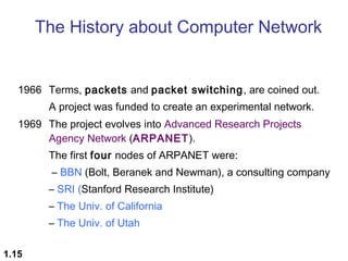 The History about Computer Network

1966 Terms, packets and packet switching, are coined out.
A project was funded to create an experimental network.
1969 The project evolves into Advanced Research Projects
Agency Network (ARPANET).
The first four nodes of ARPANET were:
– BBN (Bolt, Beranek and Newman), a consulting company
– SRI (Stanford Research Institute)
– The Univ. of California
– The Univ. of Utah
1.15

 