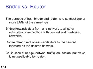 Bridge vs. Router
The purpose of both bridge and router is to connect two or
more LANs of the same type.
Bridge forwards data from one network to all other
networks connected to it with desired and no-desired
networks.
On the other hand, router sends data to the desired
machine on the desired network.
So, in case of bridge, network traffic jam occurs, but which
is not applicable for router.
1.31

 