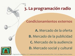 3. La programación radio
Condicionamientos externos
A. Mercado de la oferta
B. Mercado de la publicidad
C. Mercado de la audiencia
D. Mercado social y cultural
Programación radiofónica • 3º C. Audiovisual Facultad de Comunicación UPSA • Prof. Luis Miguel Pedrero Esteban

 
