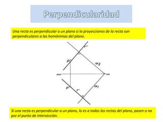 Una recta es perpendicular a un plano si la proyecciones de la recta son
perpendiculares a las homónimas del plano.

Si una recta es perpendicular a un plano, lo es a todas las rectas del plano, pasen o no
por el punto de intersección.

 