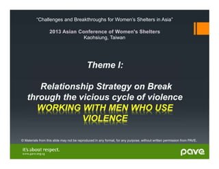 “Challenges and Breakthroughs for Women’s Shelters in Asia”

Kaohsiung, Taiwan

© Materials from this slide may not be reproduced in any format, for any purpose, without written permission from PAVE.

 