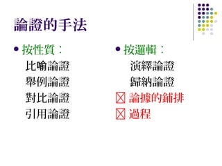 論證的手法
 按性質︰

比喻論證
舉例論證
對比論證
引用論證

 按邏輯︰

演繹論證
歸納論證
 論據的鋪排
 過程

 