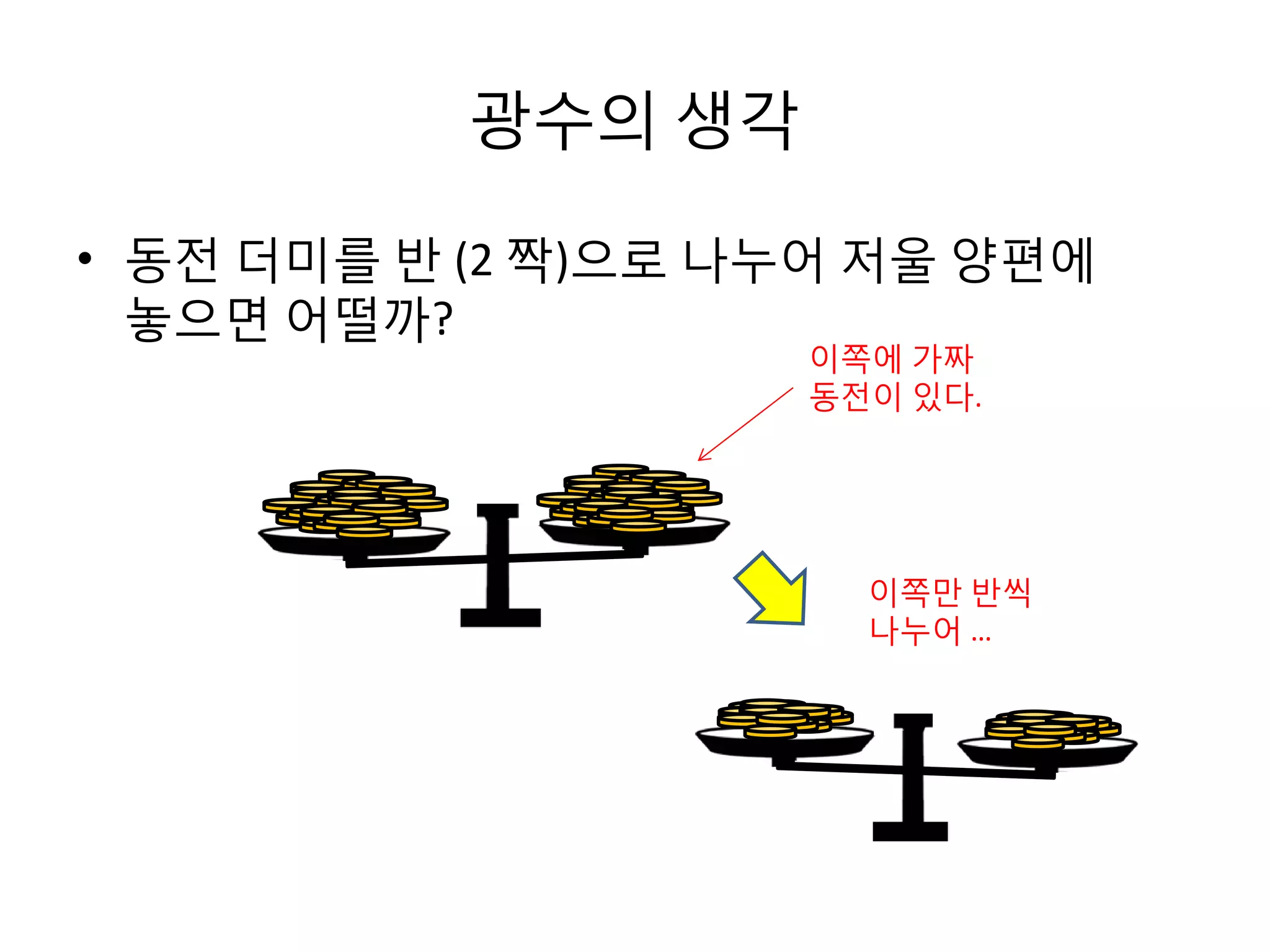 광수의 생각
• 동전 더미를 반 (2 짝)으로 나누어 저울 양편에
놓으면 어떨까?
이쪽에 가짜
동전이 있다.

이쪽만 반씩
나누어 …

 