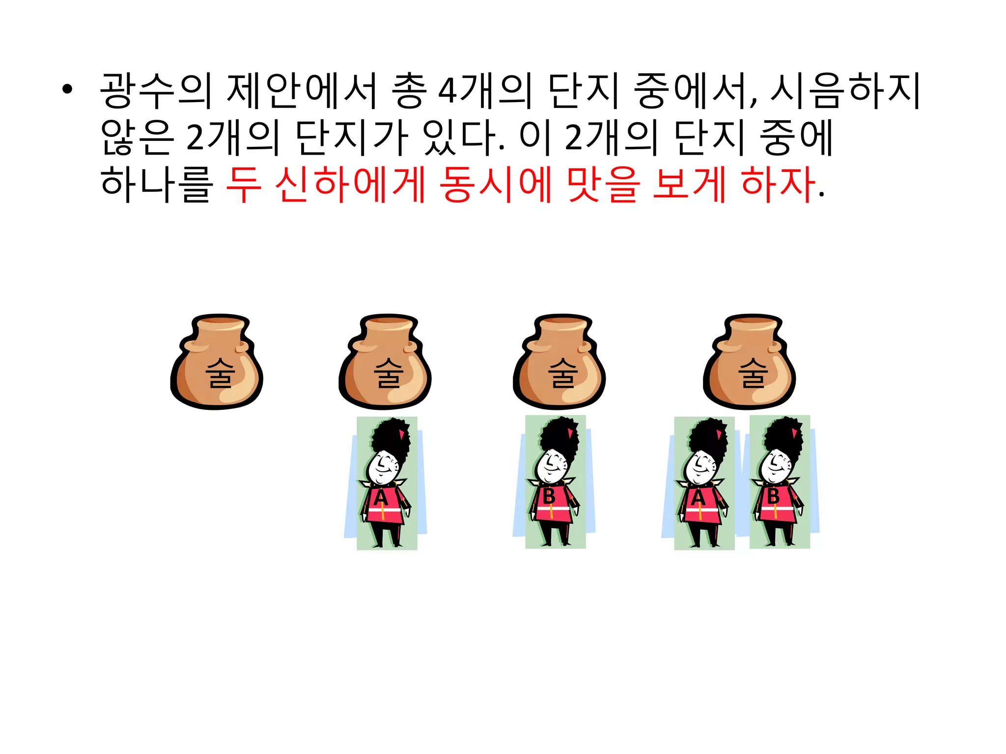 • 광수의 제안에서 총 4개의 단지 중에서, 시음하지
않은 2개의 단지가 있다. 이 2개의 단지 중에
하나를 두 신하에게 동시에 맛을 보게 하자.

술

술

술

A

B

술

A

B

 