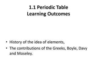 1.1 Periodic Table
Learning Outcomes

• History of the idea of elements,
• The contributions of the Greeks, Boyle, Davy
and Moseley.

 