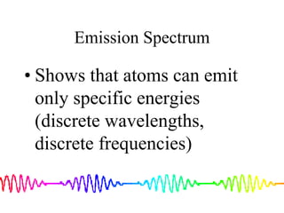 Emission Spectrum

• Shows that atoms can emit
only specific energies
(discrete wavelengths,
discrete frequencies)

 