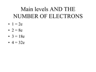 Main levels AND THE
NUMBER OF ELECTRONS
•
•
•
•

1 = 2e
2 = 8e
3 = 18e
4 = 32e

 