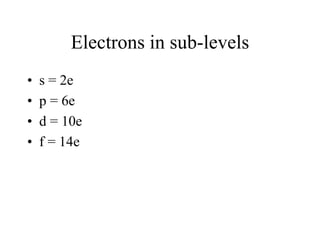 Electrons in sub-levels
•
•
•
•

s = 2e
p = 6e
d = 10e
f = 14e

 