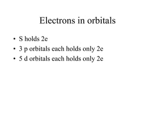 Electrons in orbitals
• S holds 2e
• 3 p orbitals each holds only 2e
• 5 d orbitals each holds only 2e

 