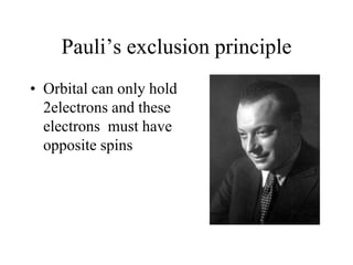 Pauli’s exclusion principle
• Orbital can only hold
2electrons and these
electrons must have
opposite spins

 