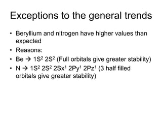 Exceptions to the general trends
• Beryllium and nitrogen have higher values than
expected
• Reasons:
• Be  1S2 2S2 (Full orbitals give greater stability)
• N  1S2 2S2 2Sx1 2Py1 2Pz1 (3 half filled
orbitals give greater stability)

 