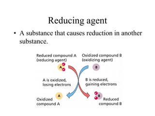 Reducing agent
• A substance that causes reduction in another
substance.

 