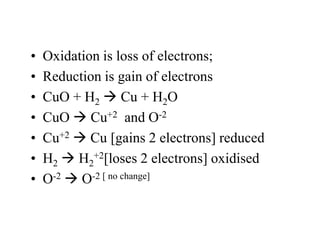 •
•
•
•
•
•
•

Oxidation is loss of electrons;
Reduction is gain of electrons
CuO + H2  Cu + H2O
CuO  Cu+2 and O-2
Cu+2  Cu [gains 2 electrons] reduced
H2  H2+2[loses 2 electrons] oxidised
O-2  O-2 [ no change]

 