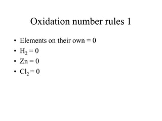 Oxidation number rules 1
•
•
•
•

Elements on their own = 0
H2 = 0
Zn = 0
Cl2 = 0

 