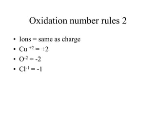 Oxidation number rules 2
•
•
•
•

Ions = same as charge
Cu +2 = +2
O-2 = -2
Cl-1 = -1

 