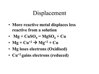 Displacement
• More reactive metal displaces less
reactive from a solution
• Mg + CuSO4 = MgSO4 + Cu
• Mg + Cu+2  Mg+2 + Cu
• Mg loses electrons (Oxidised)
• Cu+2 gains electrons (reduced)

 