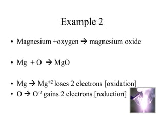 Example 2
• Magnesium +oxygen  magnesium oxide
• Mg + O  MgO

• Mg  Mg+2 loses 2 electrons [oxidation]
• O  O-2 gains 2 electrons [reduction]

 