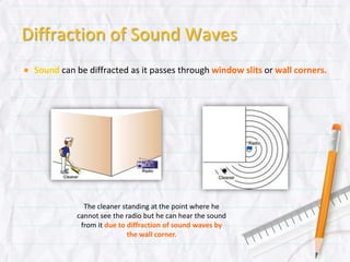 Diffraction of Sound Waves
Sound can be diffracted as it passes through window slits or wall
corners.
The cleaner standing at the point where he
cannot see the radio but he can hear the
sound from it due to diffraction of sound
waves by the wall corner.
 