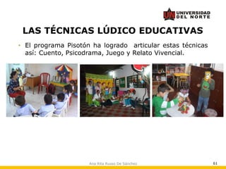 Ana Rita Russo De Sánchez 61
LAS TÉCNICAS LÚDICO EDUCATIVAS
• El programa Pisotón ha logrado articular estas técnicas
así: Cuento, Psicodrama, Juego y Relato Vivencial.
 