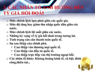 3. CÁC NHÂN TỐ ẢNH HƢỞNG ĐẾN
TỶ GIÁ HỐI ĐOÁI
o Mức chênh lệch lạm phát giữa các quốc gia.
o Mức độ tăng hay giảm thu nhập quốc dân giữa các
nƣớc.
o Mức chênh lệch lãi suất giữa các nƣớc.
o Những kỳ vọng về tỷ giá hối đoái trong tƣơng lai.
o Tình trạng cán cân thanh toán quốc tế.
o Sự can thiệp của chính phủ.
• Can thiệp vào thƣơng mại quốc tế.
• Can thiệp vào đầu tƣ quốc tế.
• Can thiệp trực tiếp vào thị trƣờng ngoại hối.
o Các nhân tố khác: Khủng hoảng kinh tế, xã hội, đình
công,thiên tai...
 