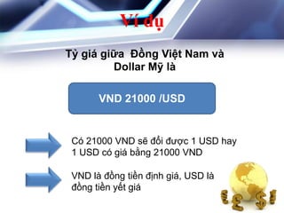 Ví dụ
Tỷ giá giữa Đồng Việt Nam và
Dollar Mỹ là
VND 21000 /USD
Có 21000 VND sẽ đổi được 1 USD hay
1 USD có giá bằng 21000 VND
VND là đồng tiền định giá, USD là
đồng tiền yết giá
 