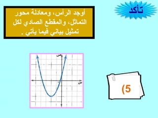 ‫تأكد‬‫محور‬ ‫ومعادلة‬ ،‫الرأس‬ ‫أوجد‬
‫لكل‬ ‫الصادي‬ ‫والمقطع‬ ،‫التماثل‬
. ‫يأتي‬ ‫فيما‬ ‫بياشني‬ ‫تمثيل‬
5(
 