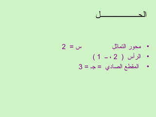 ‫الحـــــــــــــــــــل‬
•= ‫س‬ ‫التماثل‬ ‫محور‬2
•) ‫الرأس‬2‫ــ‬ ،1(
•= ‫جـ‬ = ‫الصادي‬ ‫المقطع‬3
 