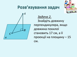 А
В
С
α
Розв’язування задач
Задача 2.
Знайдіть довжину
перпендикуляра, якщо
довжина похилої
становить 17 см, а її
проекції на площину – 15
см.
 