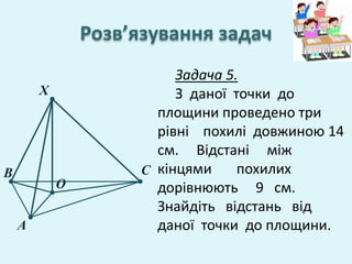 X
А
В С
О
Розв’язування задач
Задача 5.
З даної точки до
площини проведено три
рівні похилі довжиною 14
см. Відстані між
кінцями похилих
дорівнюють 9 см.
Знайдіть відстань від
даної точки до площини.
 