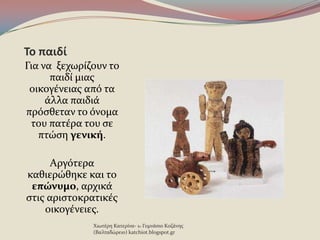 Το παιδί
Για να ξεχωρύζουν το
παιδύ μιασ
οικογϋνειασ απϐ τα
ϊλλα παιδιϊ
πρϐςθεταν το ϐνομα
του πατϋρα του ςε
πτώςη γενική.
Αργϐτερα
καθιερώθηκε και το
επώνυμο, αρχικϊ
ςτισ αριςτοκρατικϋσ
οικογϋνειεσ.
Χιωτϋρη Κατερύνα- 1ο Γυμνϊςιο Κοζϊνησ
(Βαλταδώρειο) katchiot.blogspot.gr
 