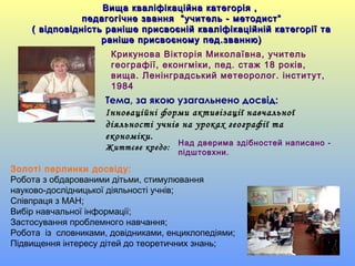 Тема, за якою узагальнено досвід:
Інноваційні форми активізації навчальної
діяльності учнів на уроках географії та
економіки.
Життєве кредо:
Вища кваліфікаційна категорія ,Вища кваліфікаційна категорія ,
педагогічне звання “учитель - методист”педагогічне звання “учитель - методист”
( відповідність раніше присвоєній кваліфікаційній категорії та( відповідність раніше присвоєній кваліфікаційній категорії та
раніше присвоєному пед.званню)раніше присвоєному пед.званню)
Крикунова Вікторія Миколаївна, учитель
географії, еконгміки, пед. стаж 18 років,
вища. Ленінградський метеоролог. інститут,
1984
Над дверима здібностей написано -
підштовхни.
Золоті перлинки досвіду:
Робота з обдарованими дітьми, стимулювання
науково-дослідницької діяльності учнів;
Співпраця з МАН;
Вибір навчальної інформації;
Застосування проблемного навчання;
Робота із словниками, довідниками, енциклопедіями;
Підвищення інтересу дітей до теоретичних знань;
 