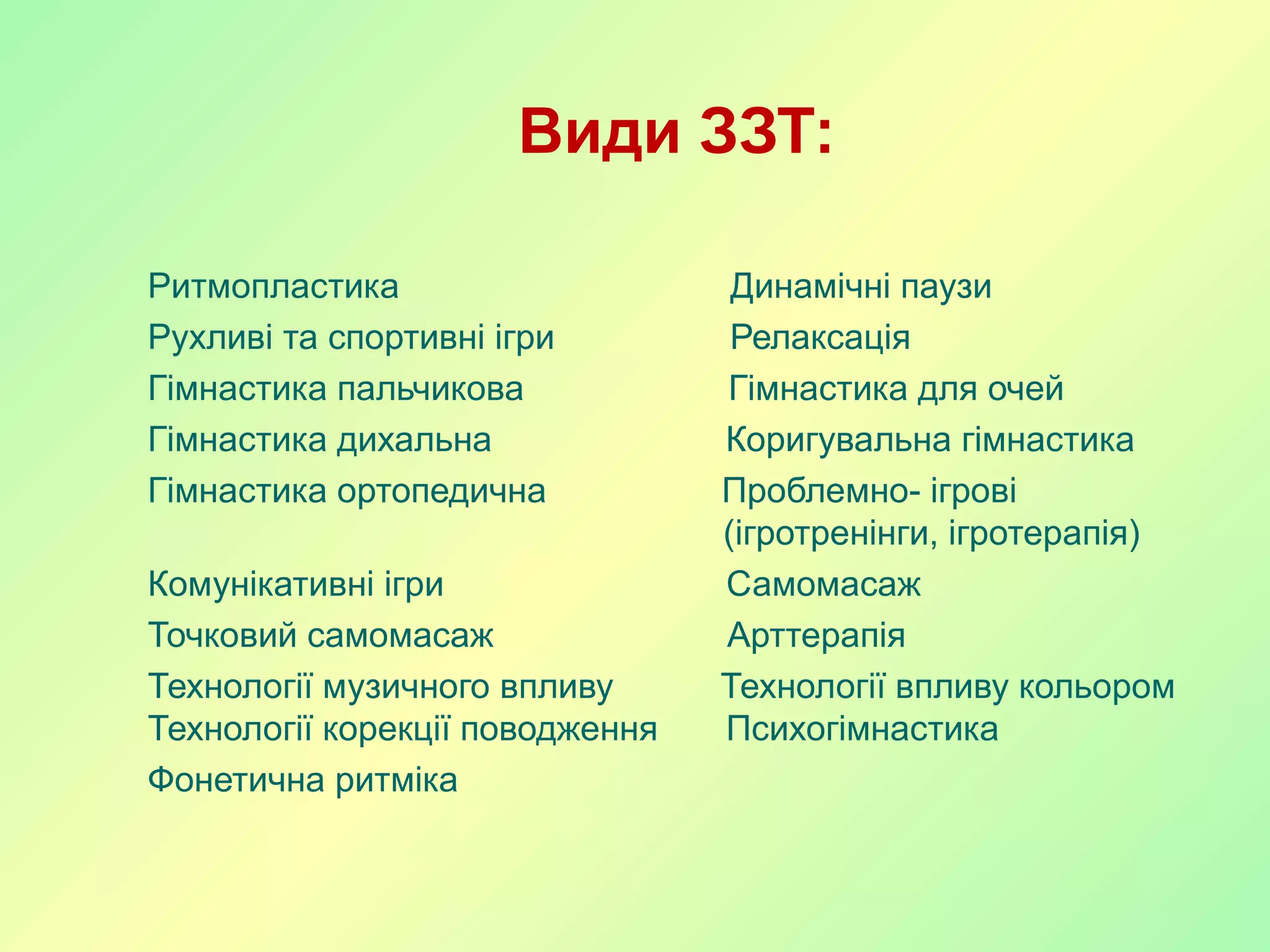 Ритмопластика Динамічні паузи
Рухливі та спортивні ігри Релаксація
Гімнастика пальчикова Гімнастика для очей
Гімнастика дихальна Коригувальна гімнастика
Гімнастика ортопедична Проблемно- ігрові
(ігротренінги, ігротерапія)
Комунікативні ігри Самомасаж
Точковий самомасаж Арттерапія
Технології музичного впливу Технології впливу кольором
Технології корекції поводження Психогімнастика
Фонетична ритміка
Види ЗЗТ:
 