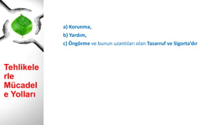 Tehlikelerle
Mücadele
Yolları
a) Korunma,
b) Yardım,
c) Öngörme ve bunun uzantıları olan Tasarruf ve Sigorta’dır
 